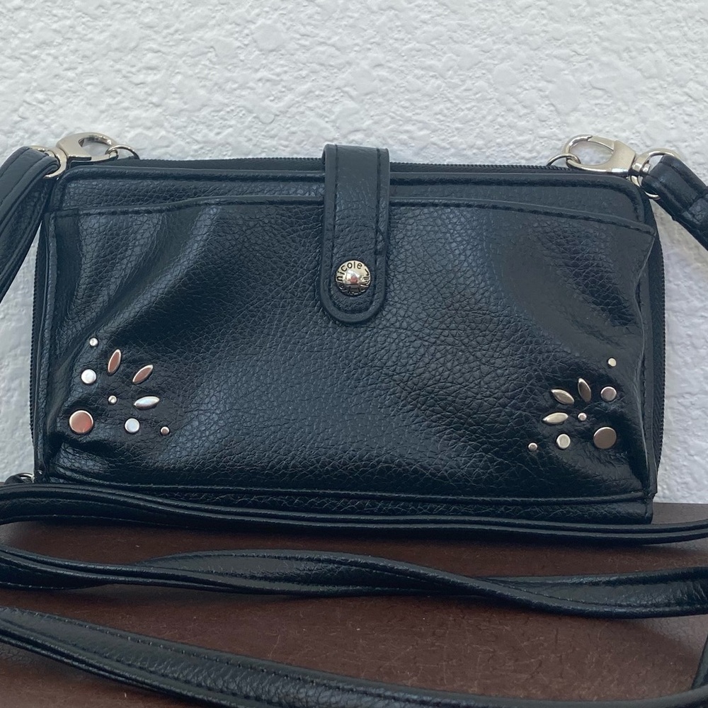 Nicole Miller Crossbody Bag Zip Around Wallet on Strap Silver Accents